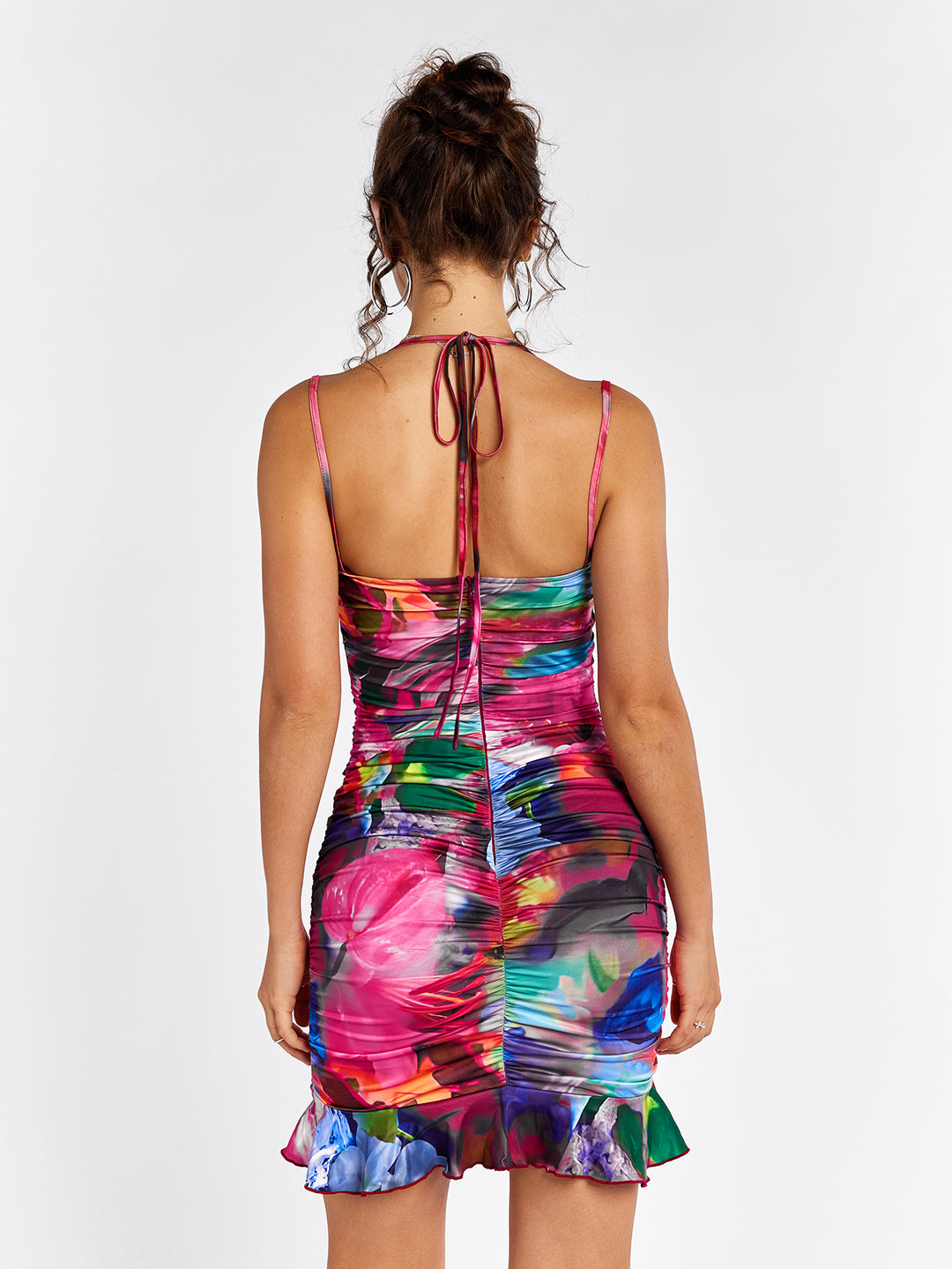 halter ruched cut out floral mini dress#color_print