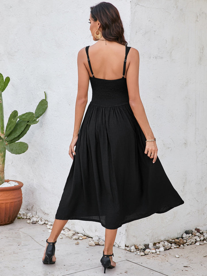 smocking ruched backless midi dress#color_black