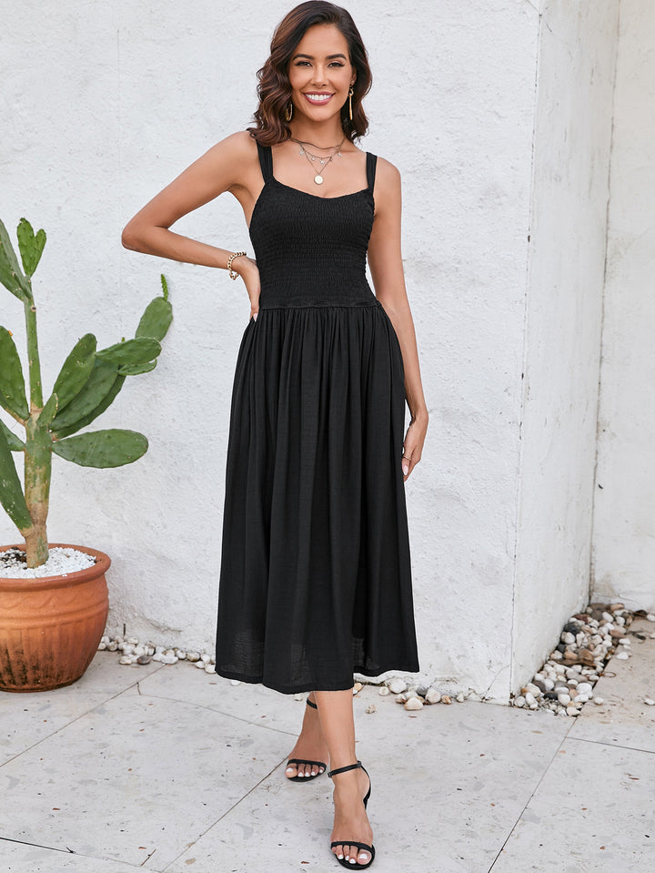 smocking backless ruched midi dress#color_black