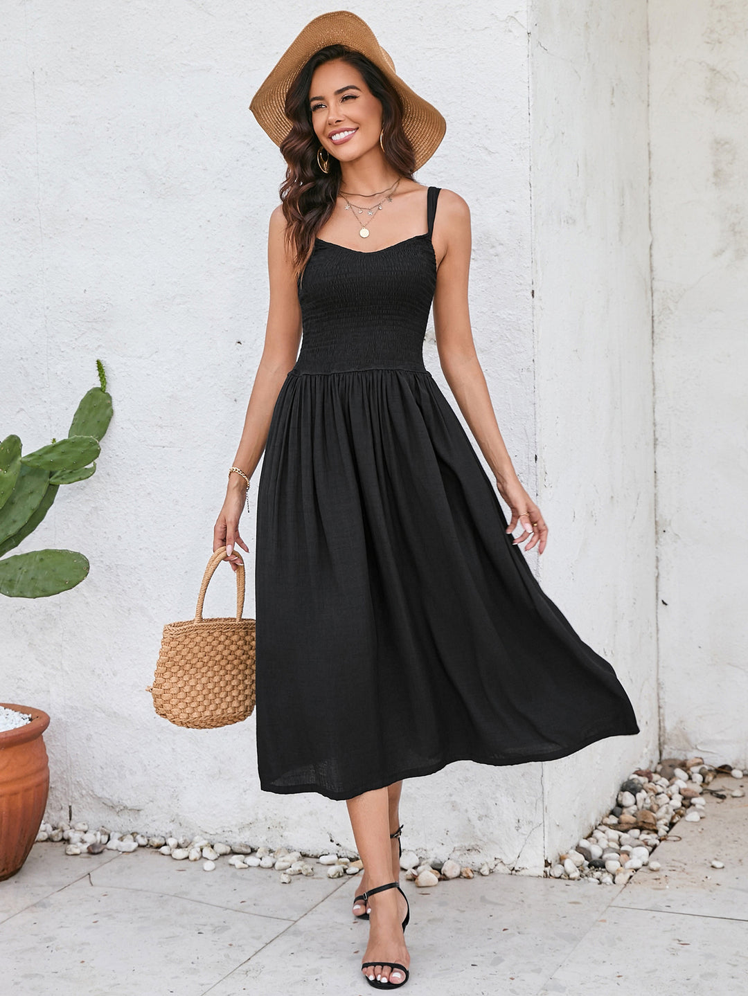 ruched smocking backless midi dress#color_black