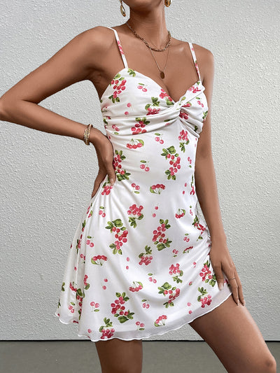 backless ruched twist bust floral cami dress#color_white