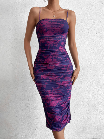 mesh print ruched split thigh side bodycon dress#color_purple