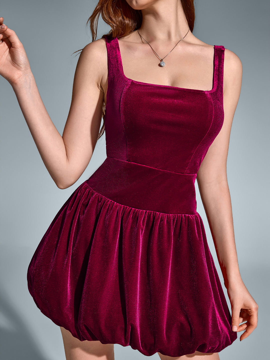 pleated hem velvet backless square neck dress#color_wine