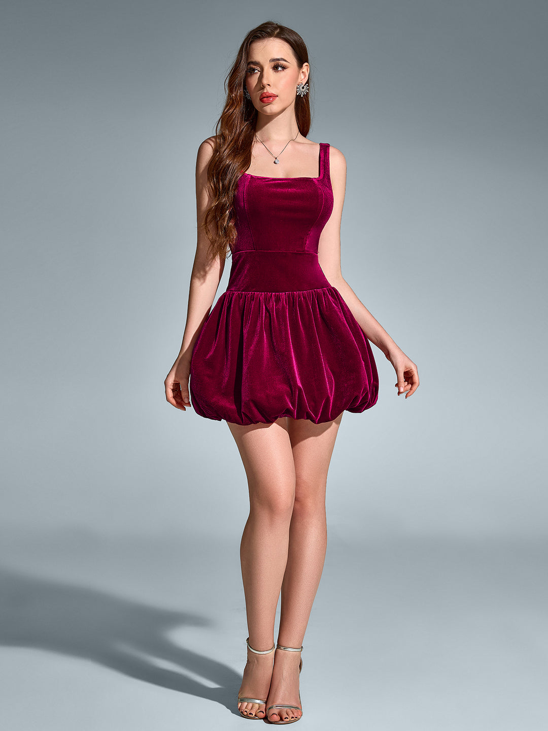 backless velvet square neck pleated hem dress#color_wine