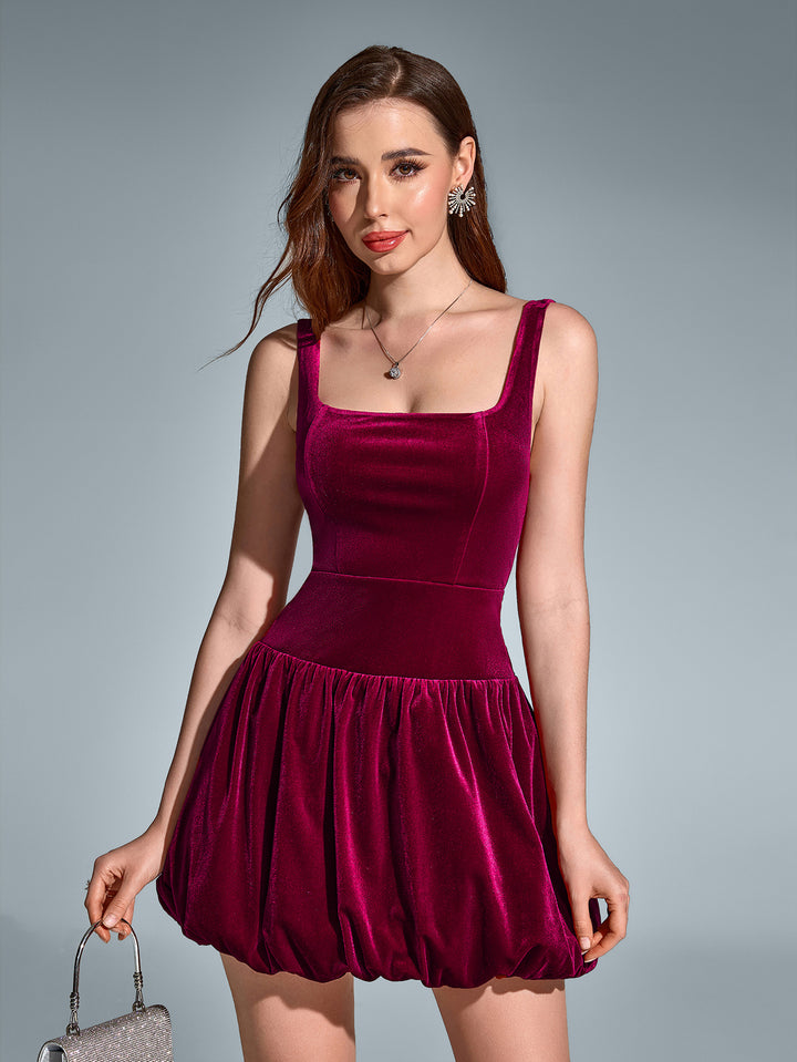 square neck velvet backless pleated hem dress#color_wine