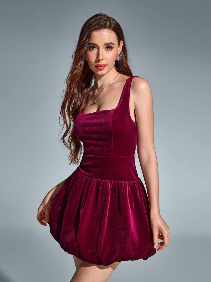 velvet square neck backless pleated hem dress#color_wine