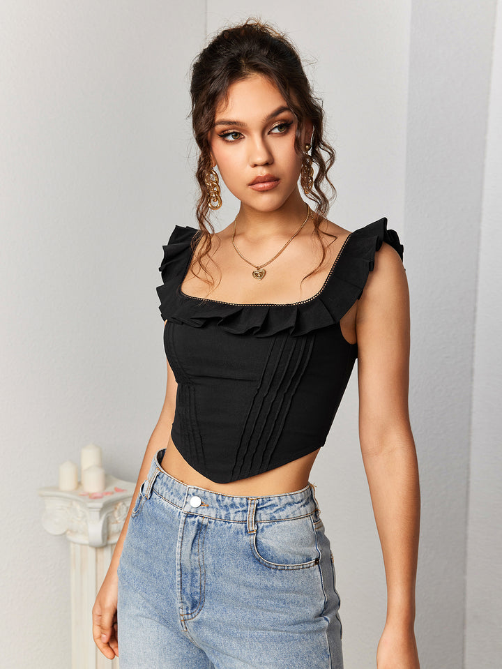 asymmetrical hem ruffles square neck tank top#color_black