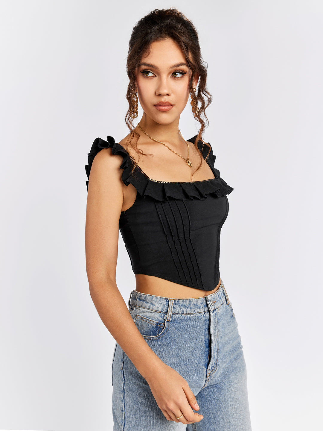 asymmetrical hem square neck ruffles tank top#color_black