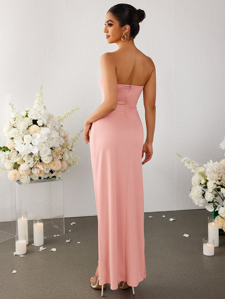 ruched stereo flower slit hem tube dress#color_pink