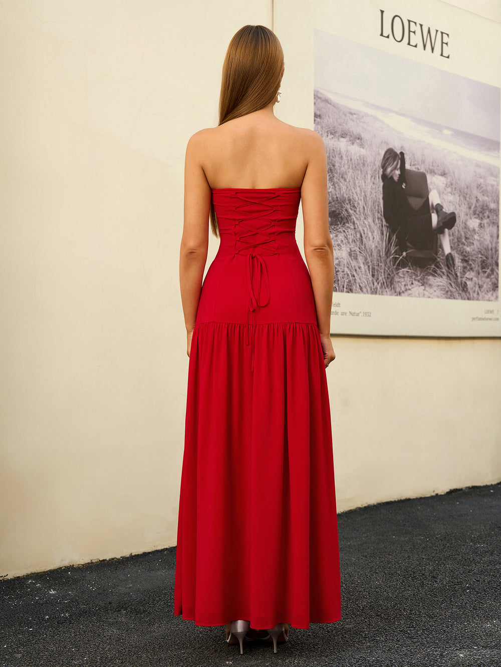 crisscross tie back strapless split thigh solid dress#color_red