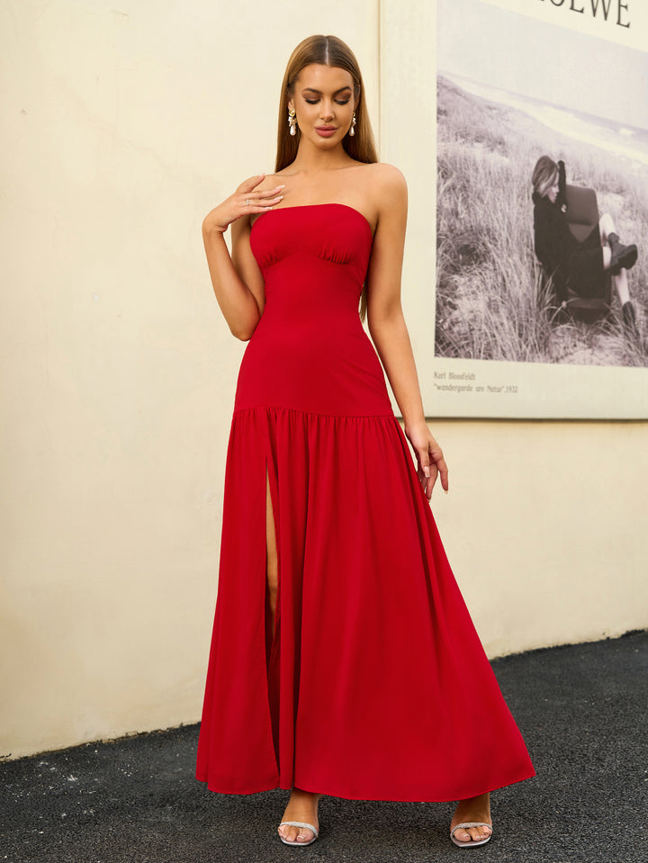 strapless split thigh crisscross tie back solid dress#color_red