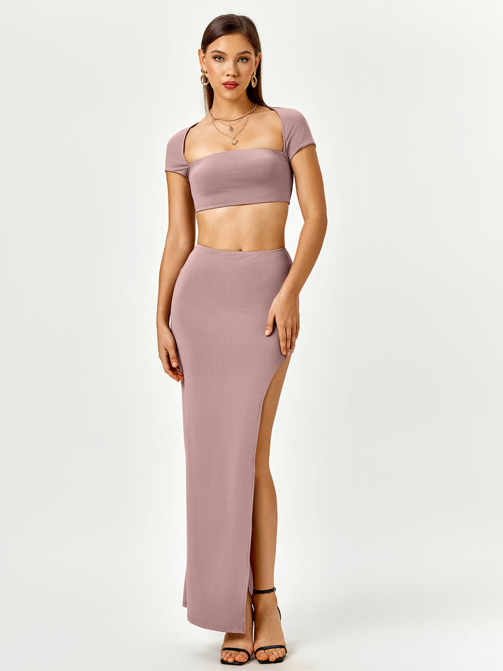 tie back cut out crop top&split thigh bodycon skirt#color_khaki