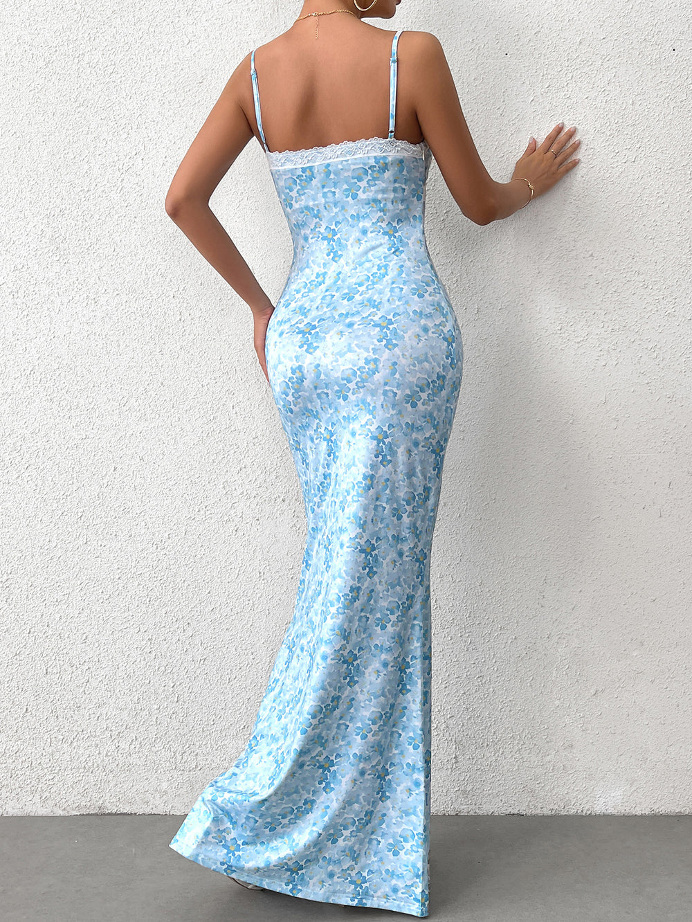 v-neck tie front lace spliced floral print mermaid dress#color_blue