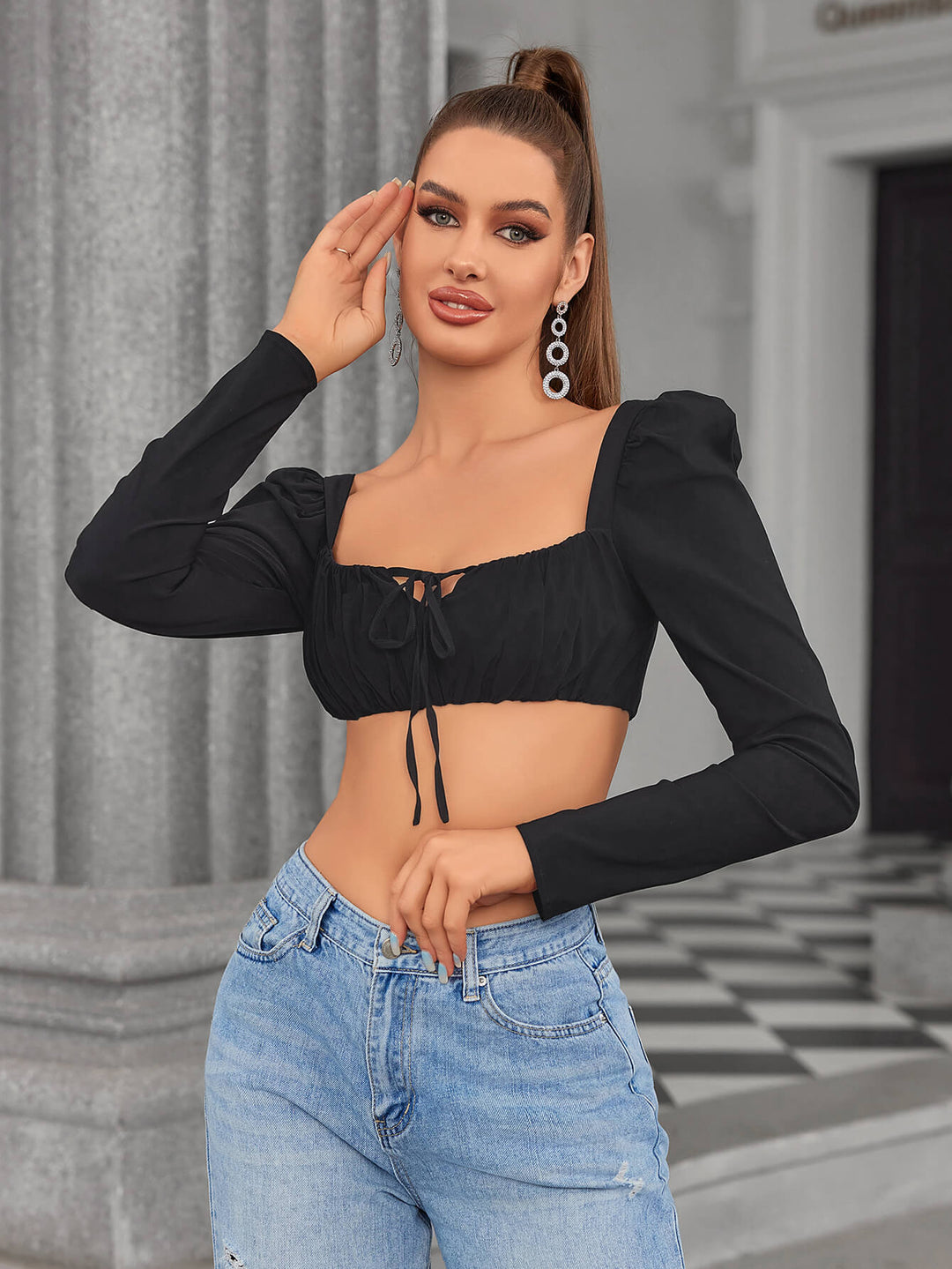  tie front zipper back backless crop top#color_black