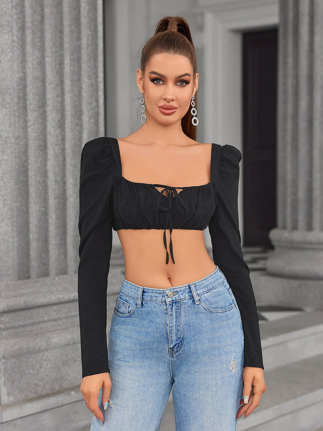 zipper back tie front backless crop top#color_black