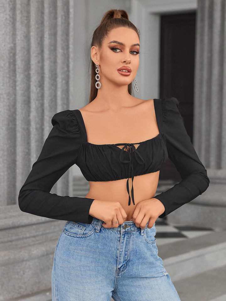 tie front zipper back crop top#color_black