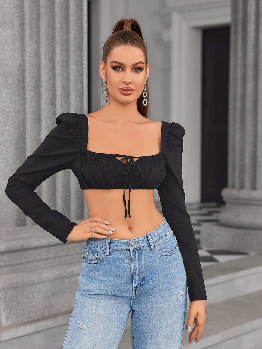 backless tie front zipper back crop top#color_black