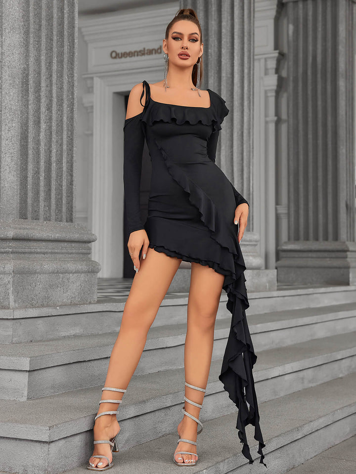 tie shoulder asymmetrical ruffle hem bodycon dress#color_black