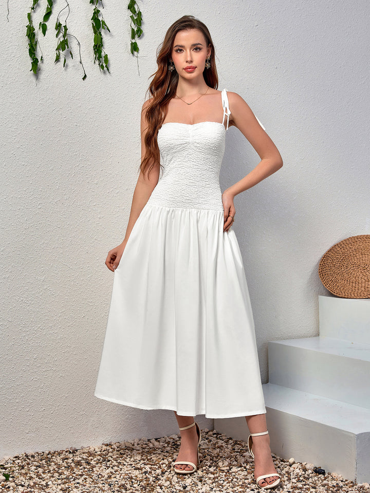 backless flared hem tie shoulder cami dress#color_white