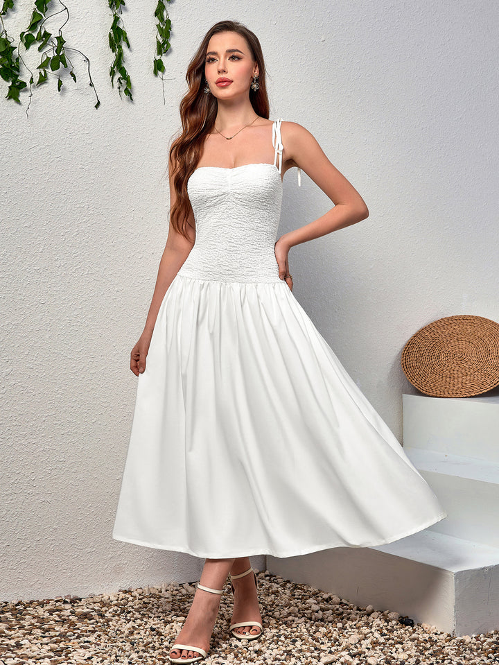 tie shoulder flared hem backless cami dress#color_white