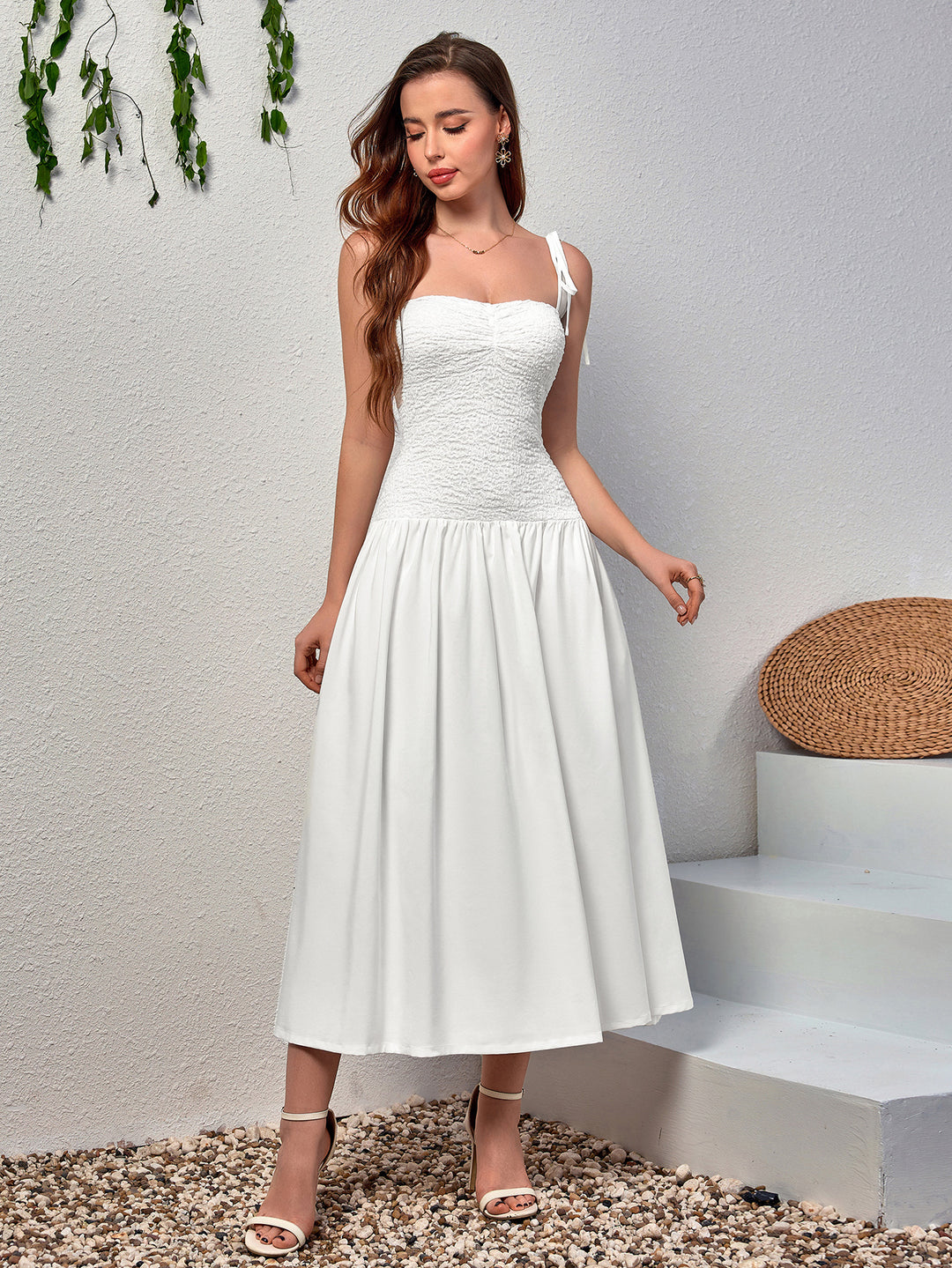 flared hem tie shoulder backless cami dress#color_white