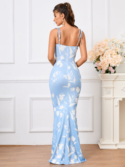 fishtail hem tie shoulder floral print prom dress#color_btulip
