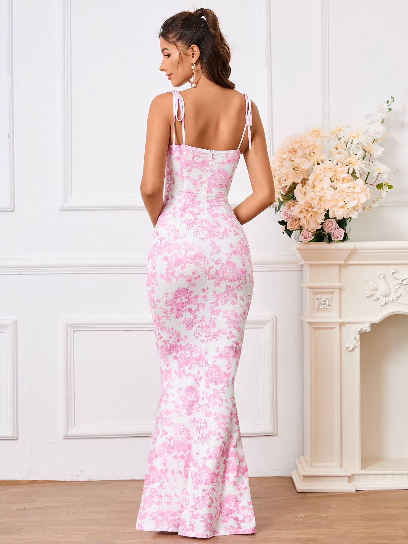 fishtail hem tie shoulder floral print prom dress#color_pprint