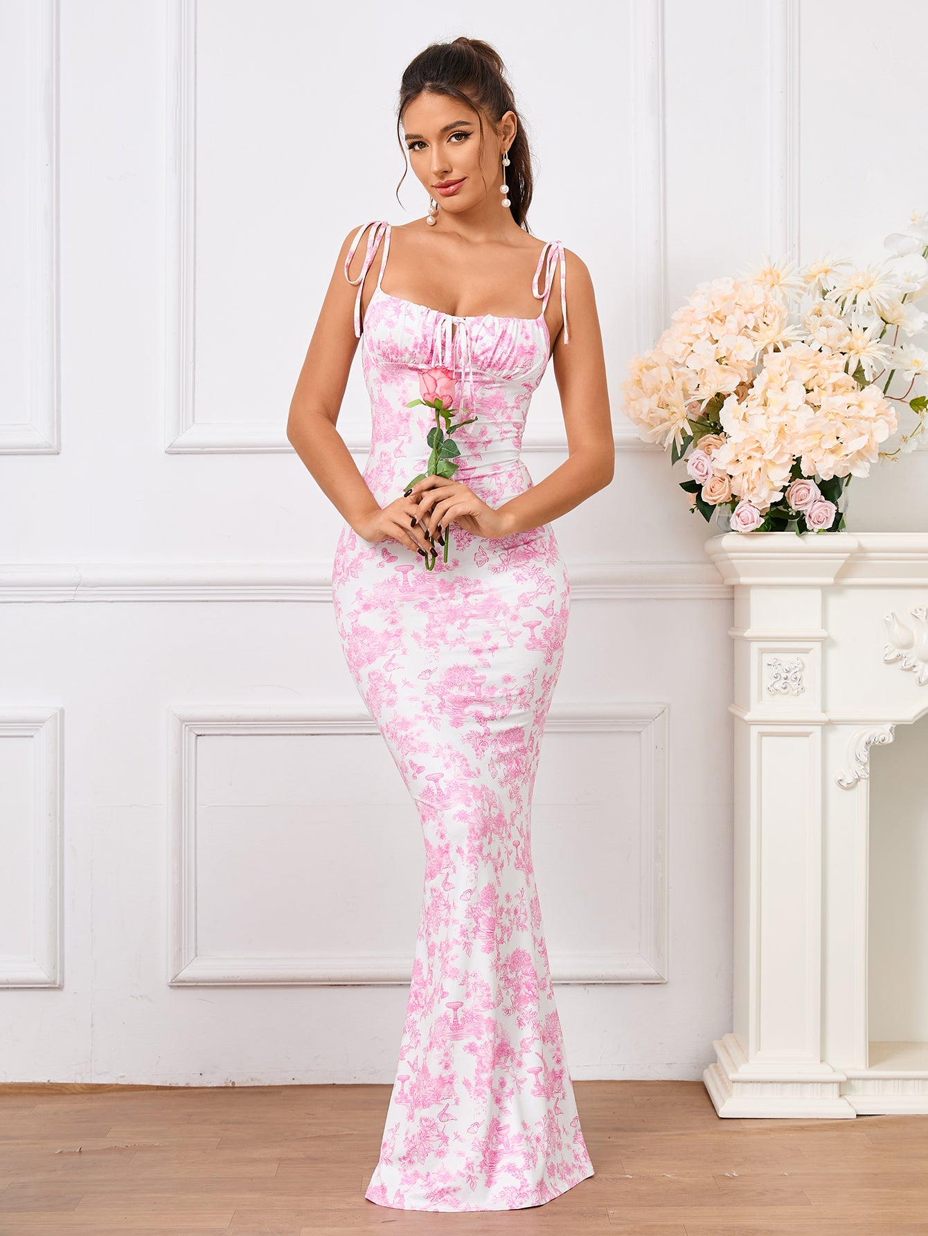 fishtail hem floral print tie shoulder prom dress#color_pprint