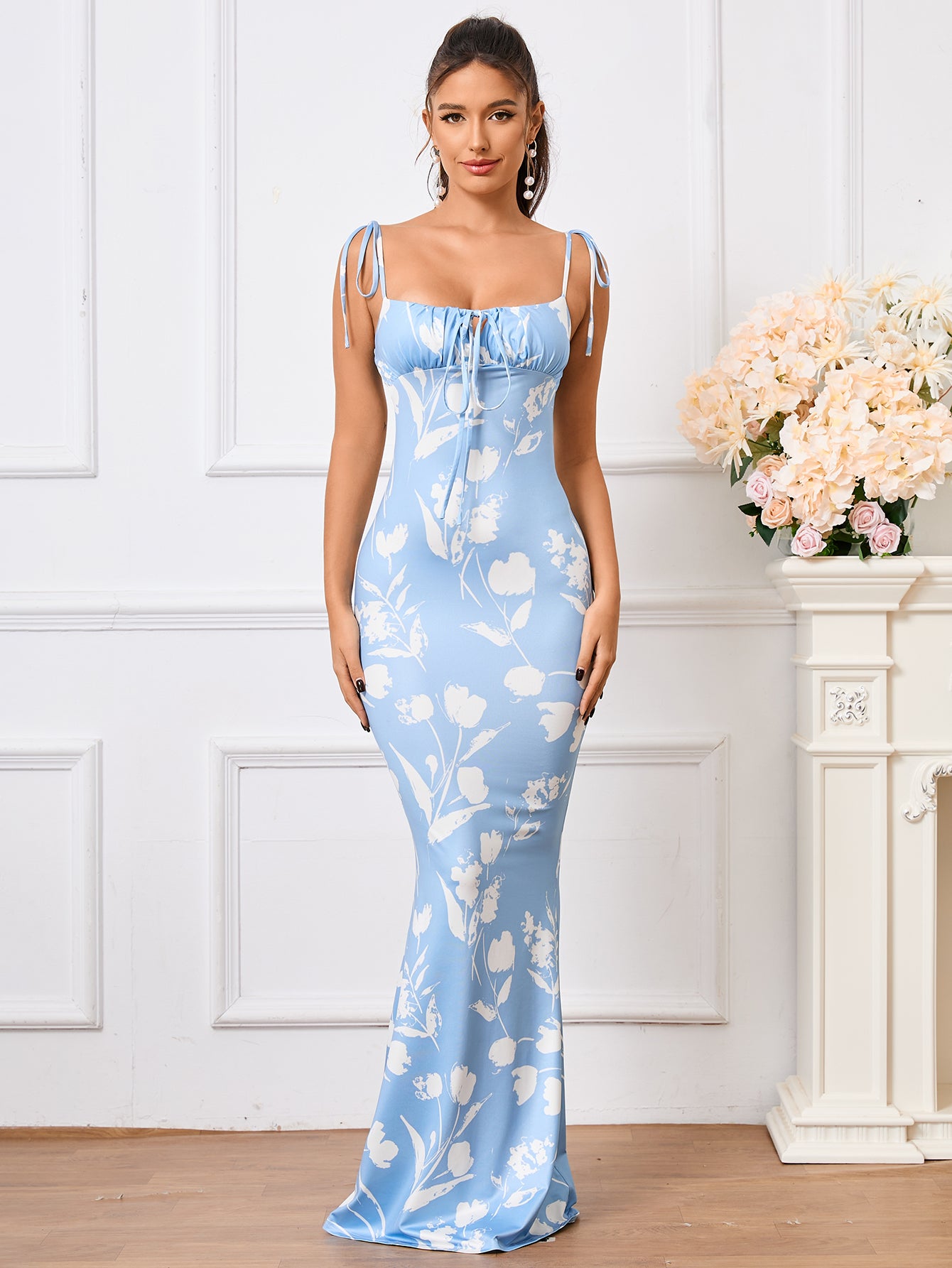 fishtail hem floral print tie shoulder prom dress#color_btulip