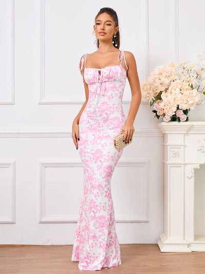 tie shoulder fishtail hem floral print prom dress#color_pprint
