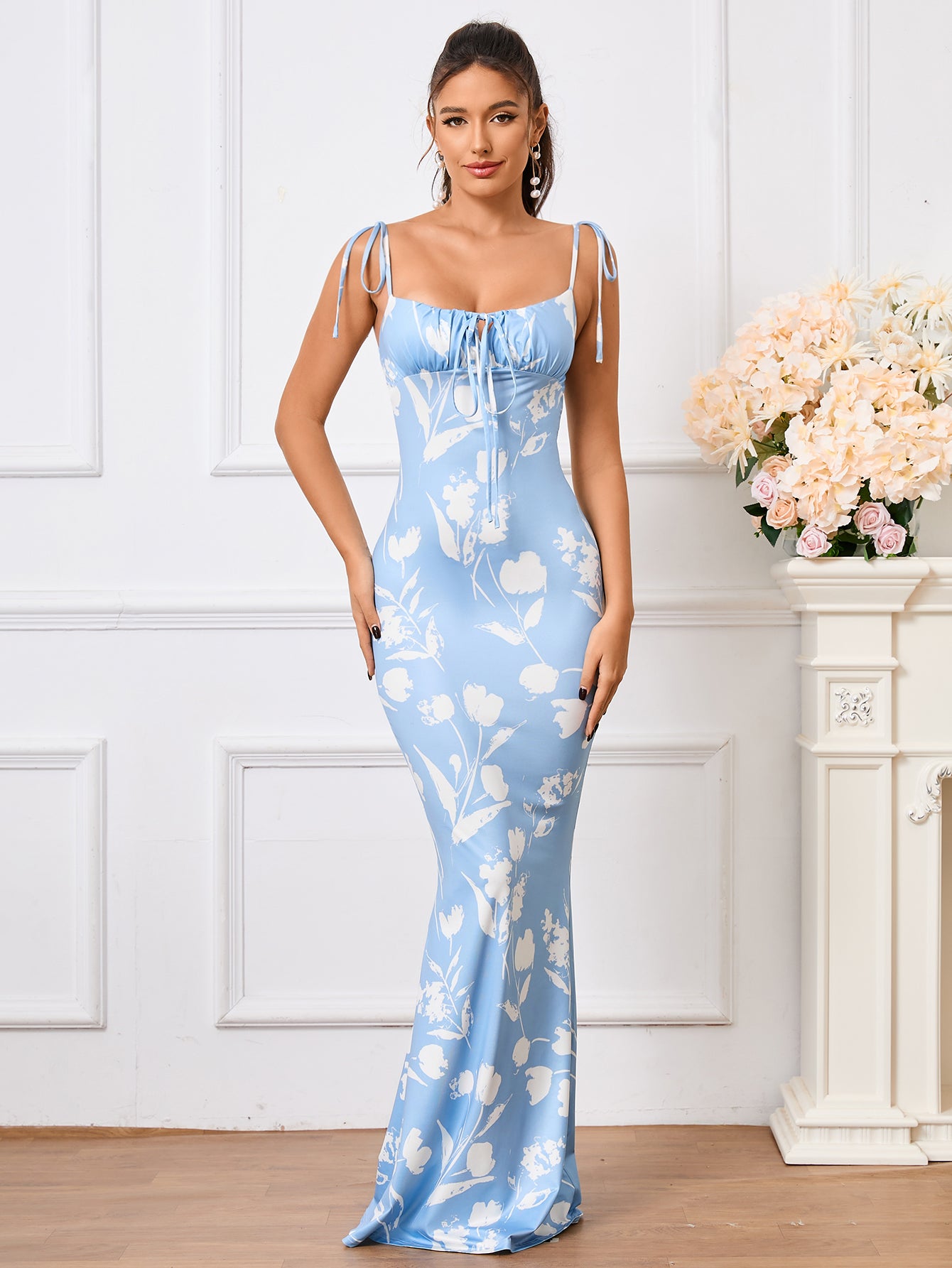 tie shoulder floral print fishtail hem prom dress#color_btulip