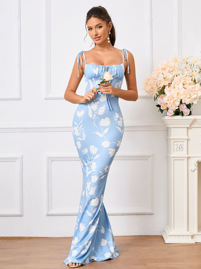 floral print tie shoulder fishtail hem prom dress#color_btulip