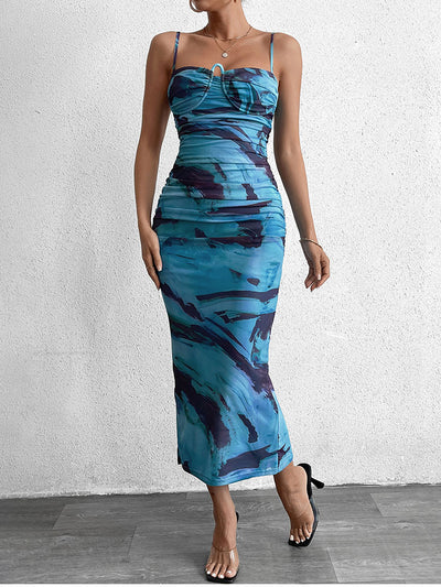 underwire split back ruched print mesh dress#color_blue