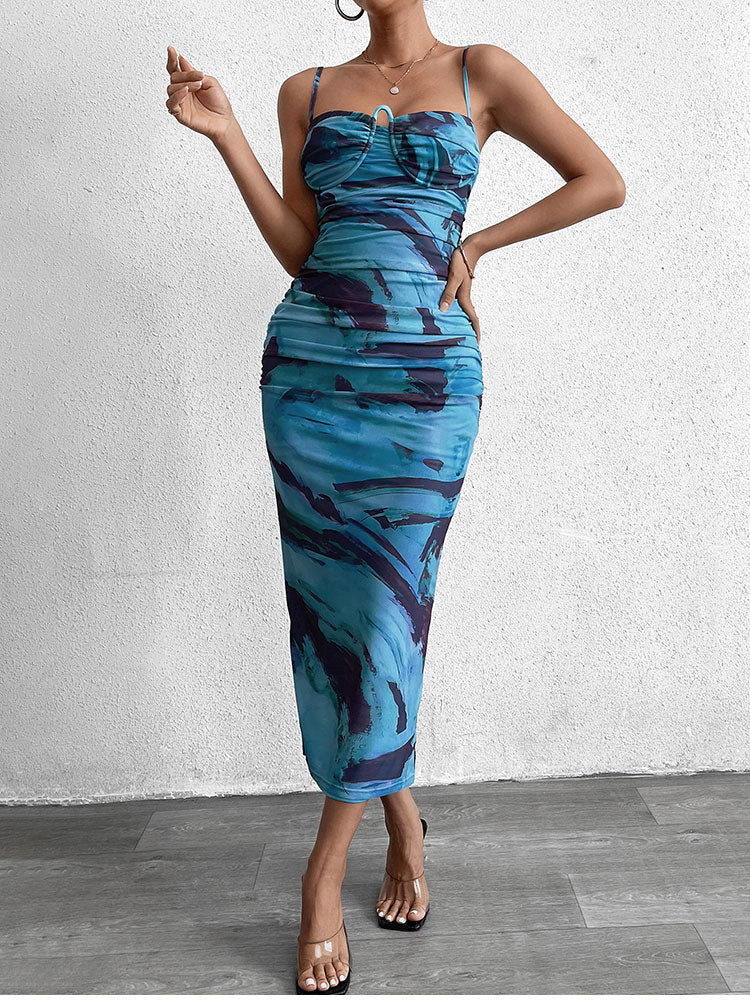 underwire ruched split back print mesh dress#color_blue