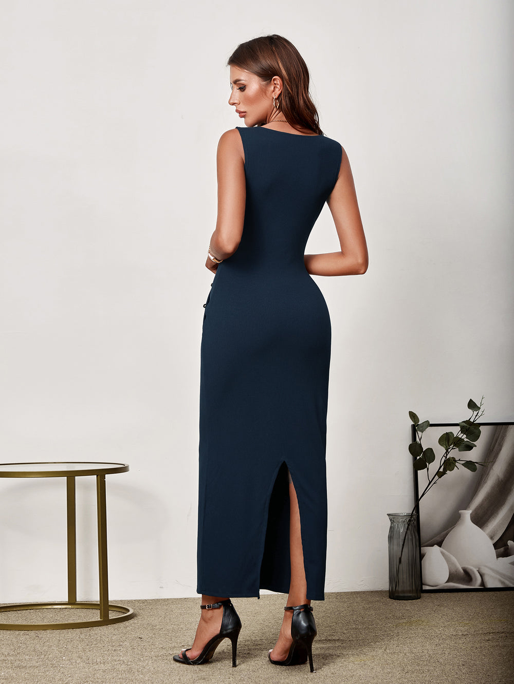 button placket v-neck back split bodycon dress#color_navy