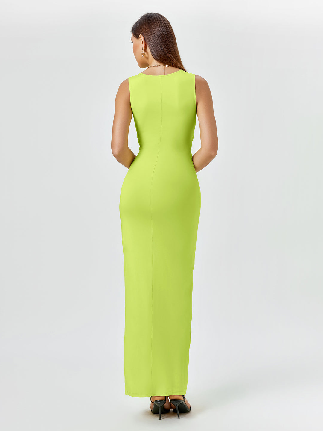 cut out v neck split hem bodycon dress#color_citron