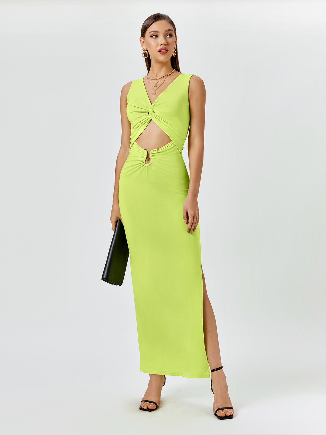 v neck cut out split hem bodycon dress#color_citron