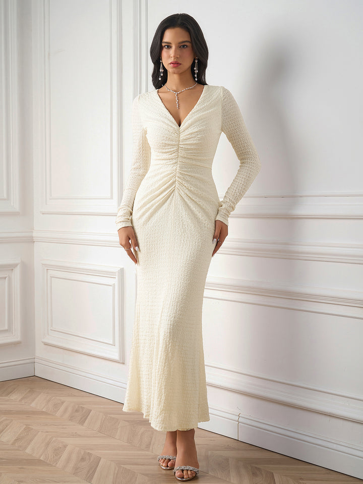 v-neck ruched twist bodycon knitted dress#color_ivory