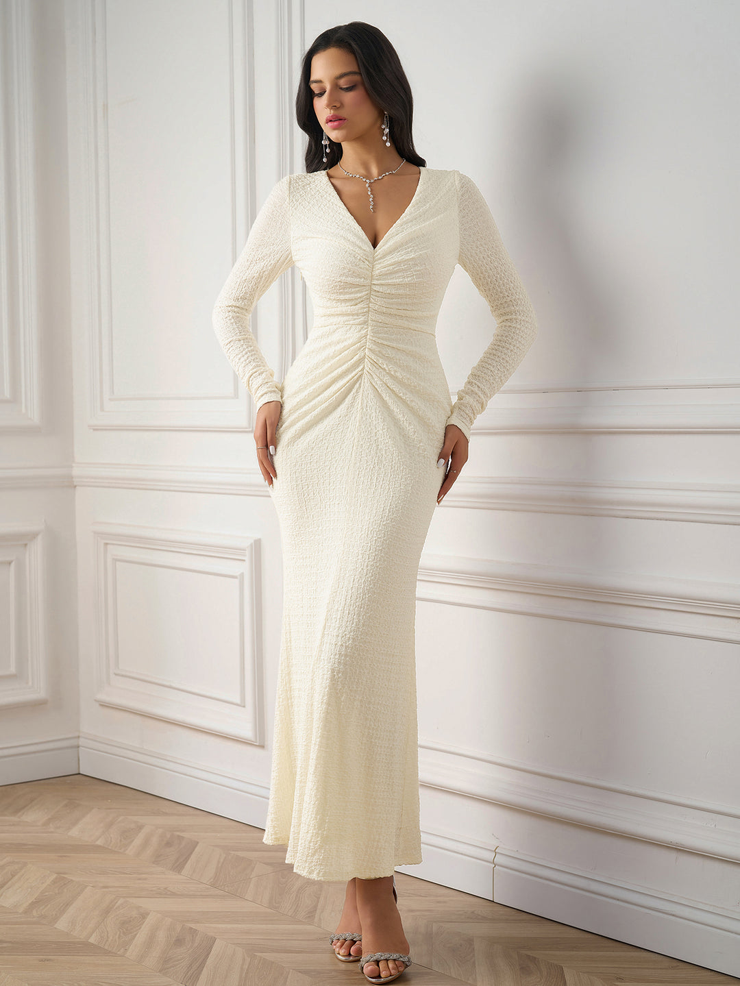 v-neck twist ruched bodycon knitted dress#color_ivory