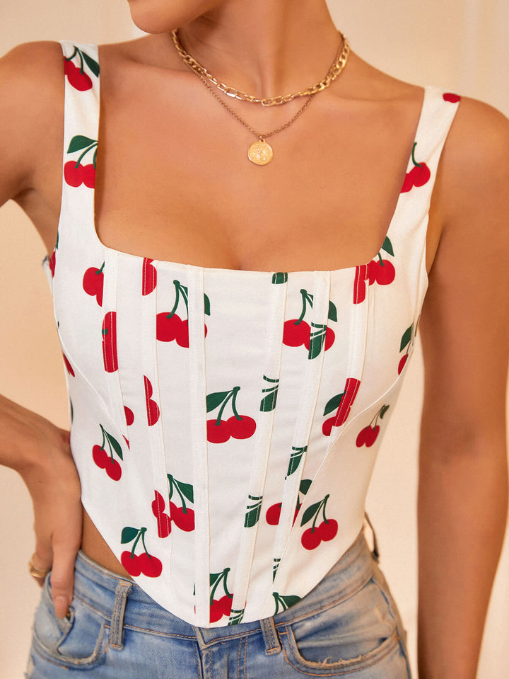    cherry red boning print crop top#color_cherry-red