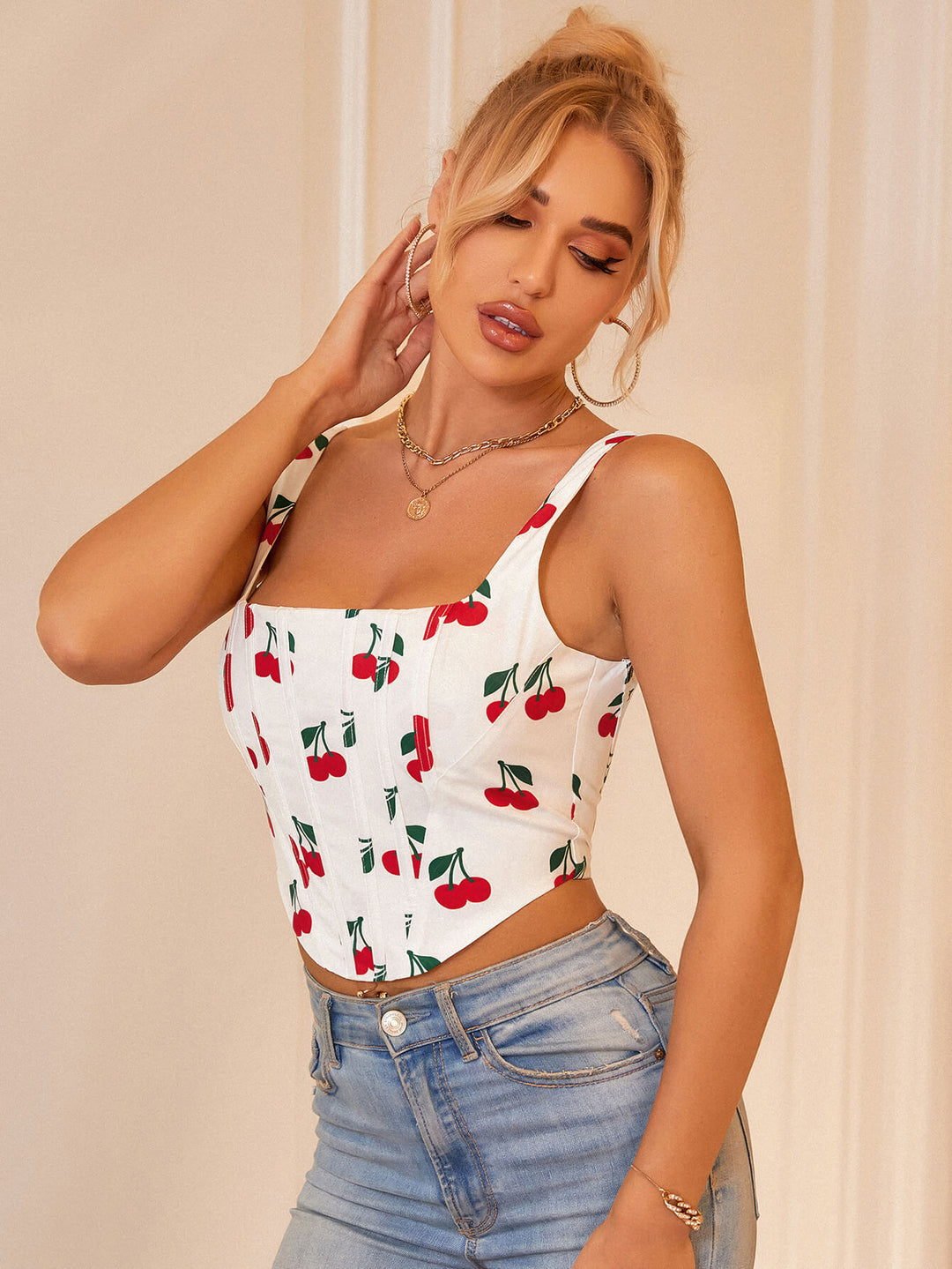     boning print crop top cherry red side#color_cherry-red