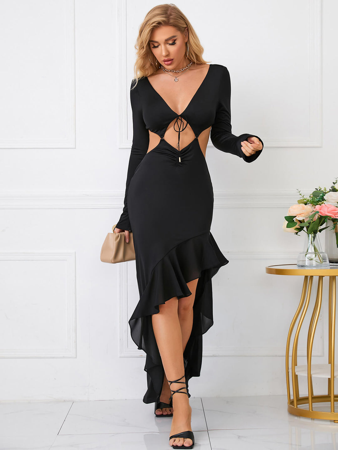    cut out tie front black asymmetrical hem dress#color_black