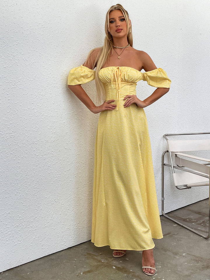      dark yellow puff sleeve slit long dress#color_dark-yellow