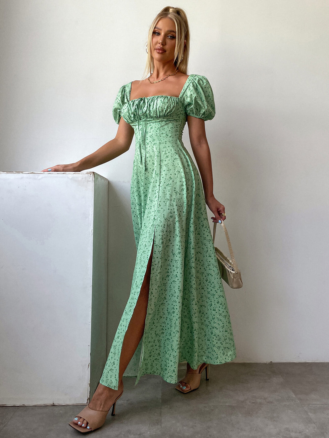      green puff sleeve slit long dress#color_green