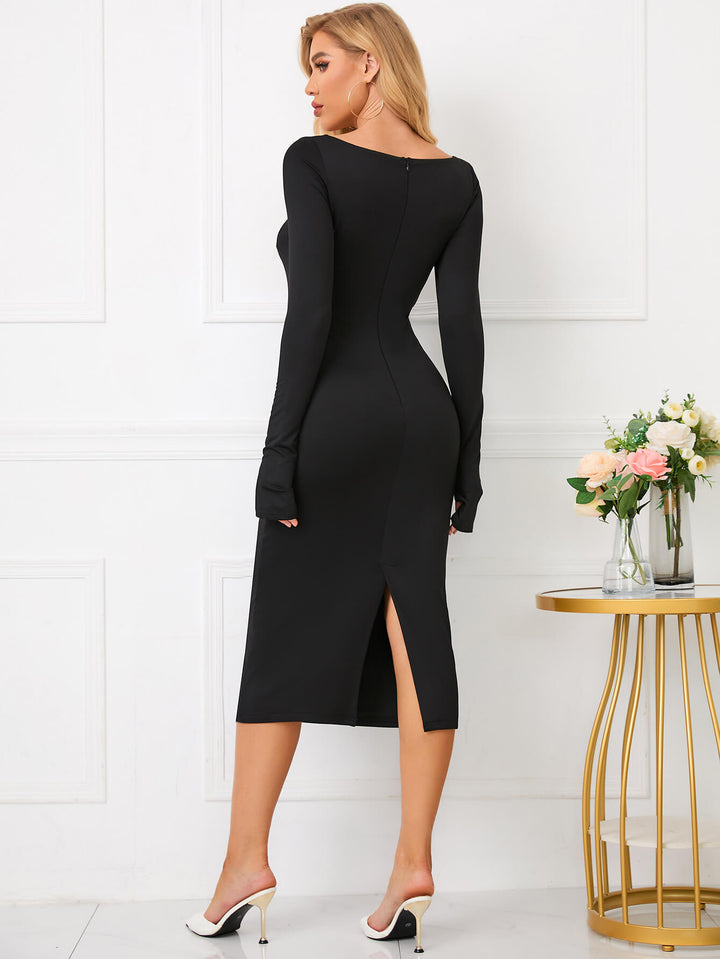 long sleeve cut out bodycon midi dress black back#color_black