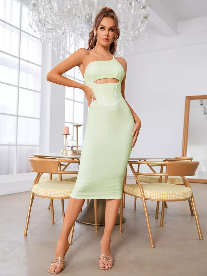     one shoulder boning cut out mesh lemon dress#color_lemon