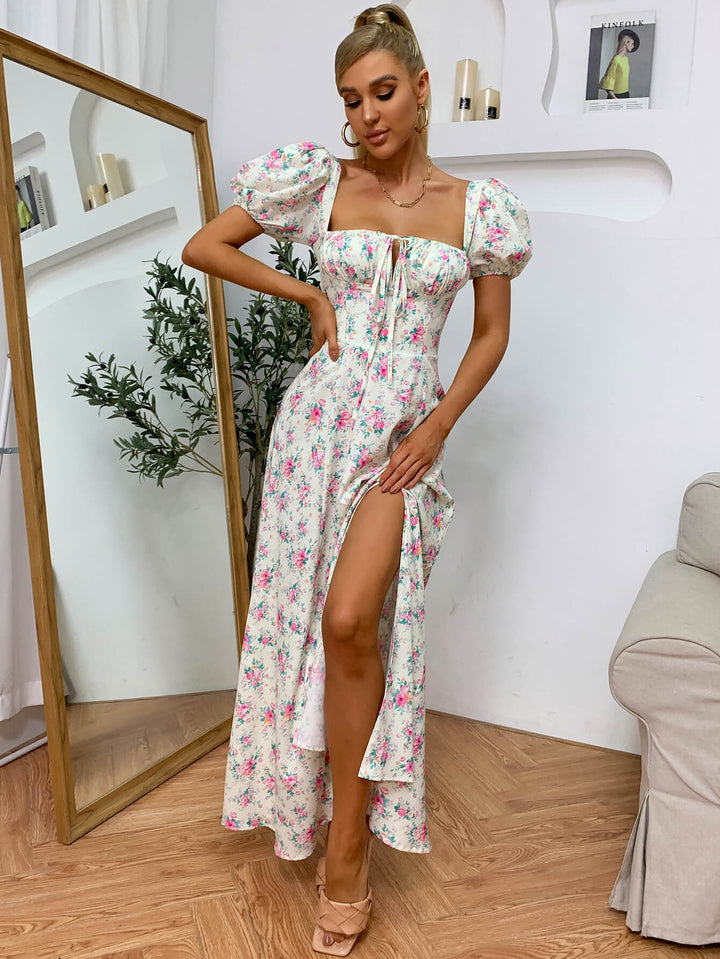     puff sleeve long slit dress print#color_print