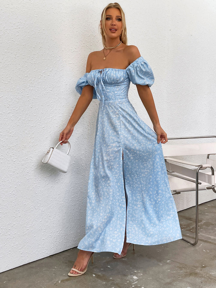     puff sleeve long slit dress sky blue#color_sky-blue