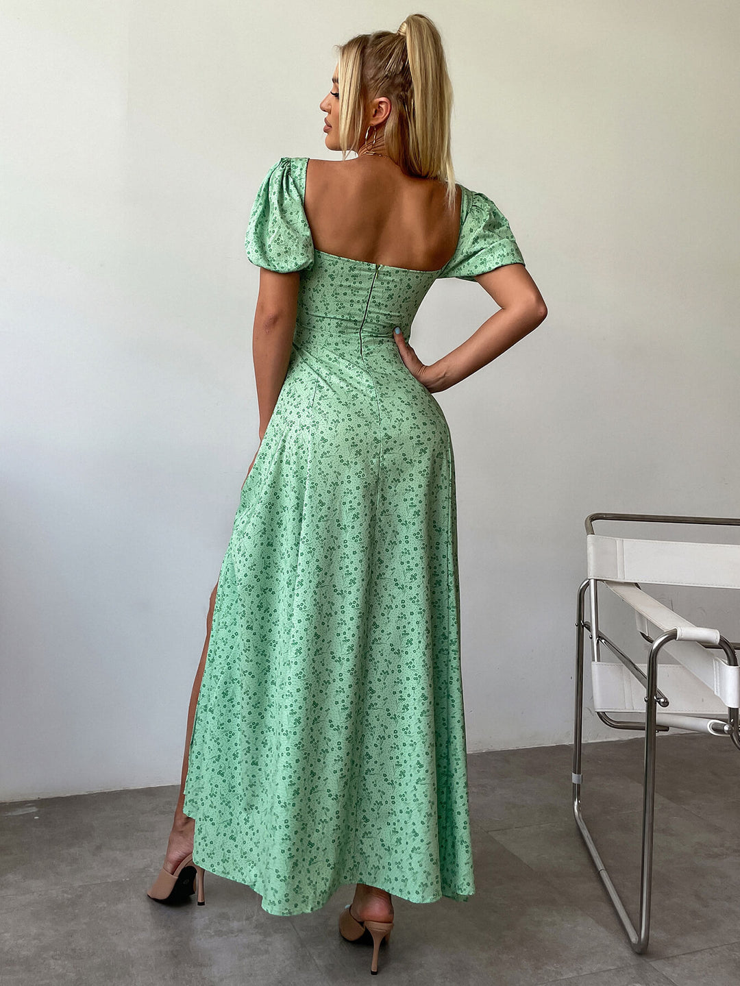     puff sleeve slit long dress green back#color_green