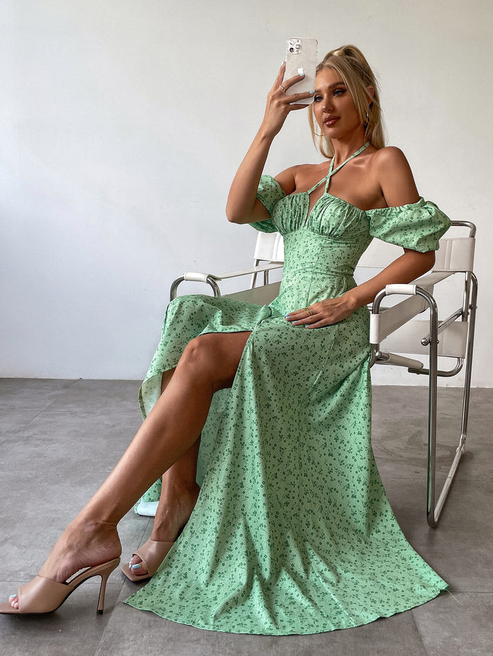      puff sleeve slit long dress green side#color_green